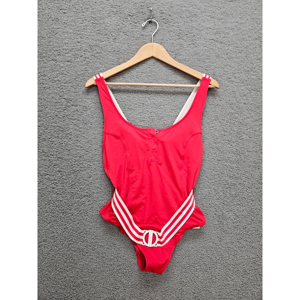 Seafolly One Piece Swimsuit 14 Red Nautical Belted Button Front Stripe NWT
